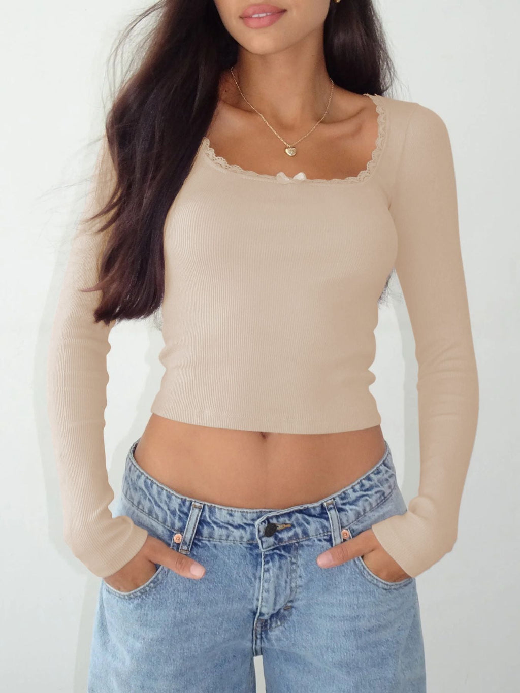 Lace Detail Long Sleeve Crop T-Shirt