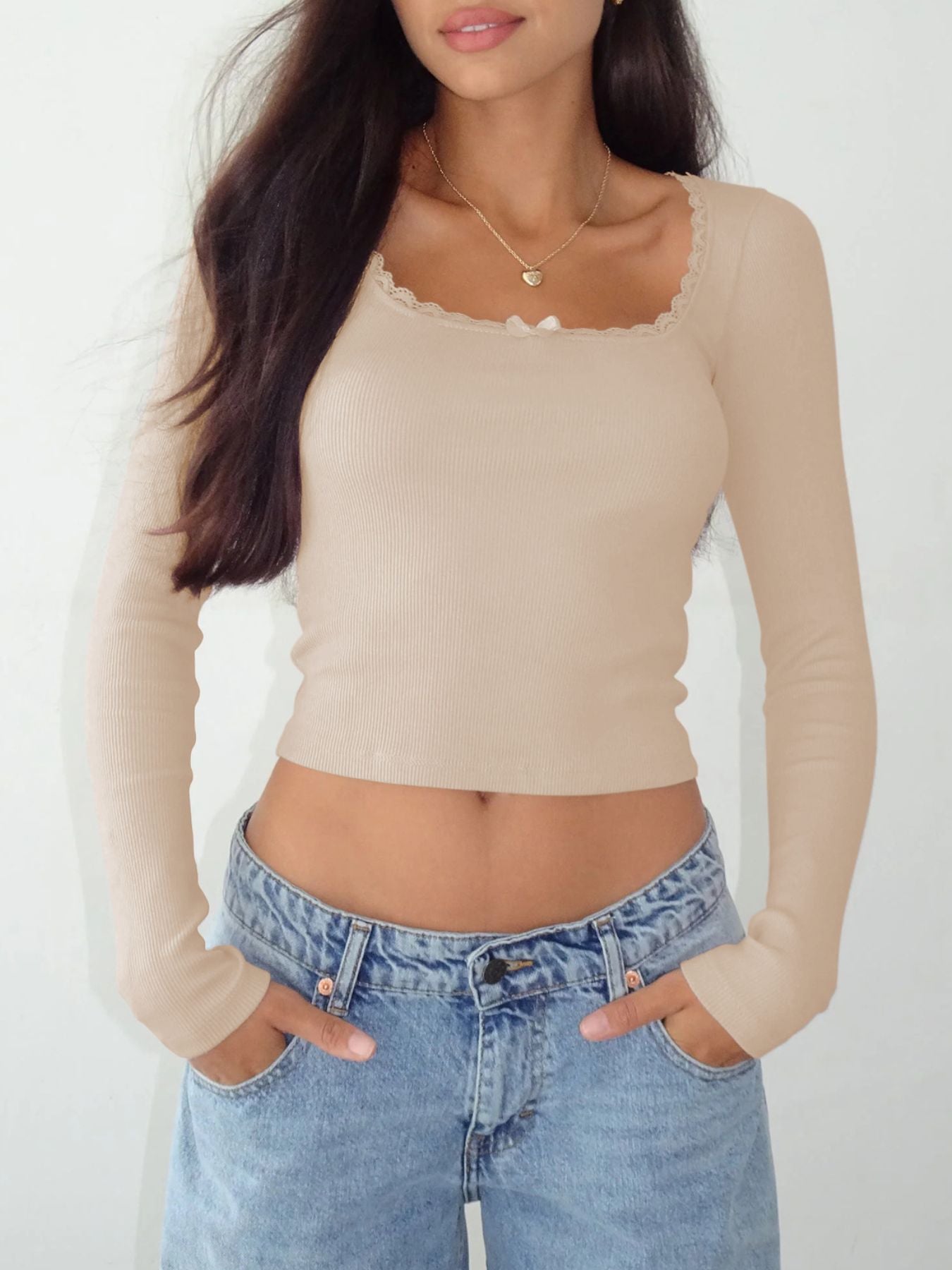Lace Detail Long Sleeve Crop T-Shirt