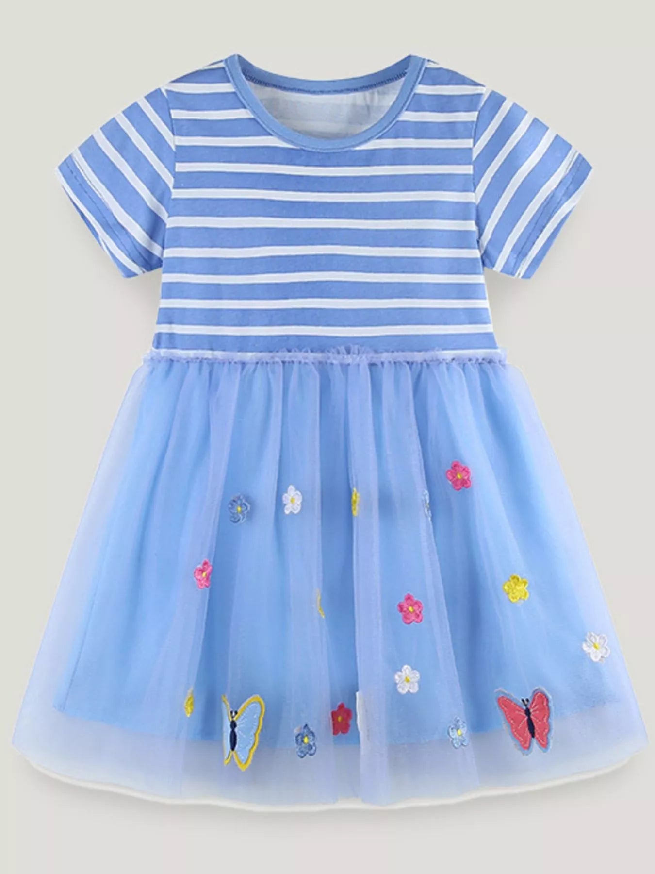 Children's Striped Tulle Dress with Butterfly and Flower Appliques