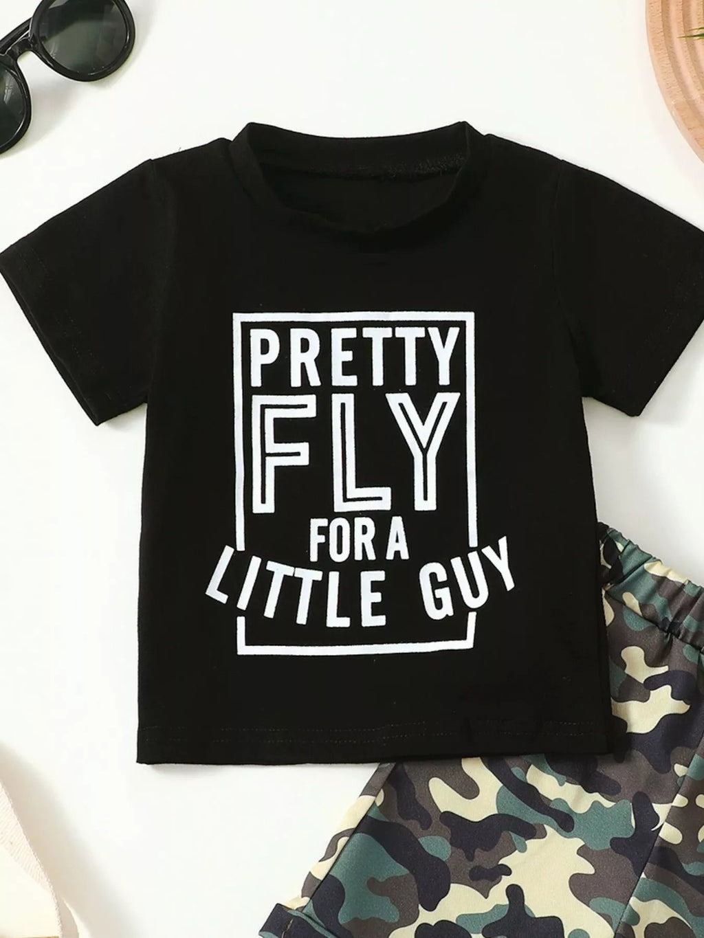 Children's Letter Graphic Tee and Camouflage Shorts Set