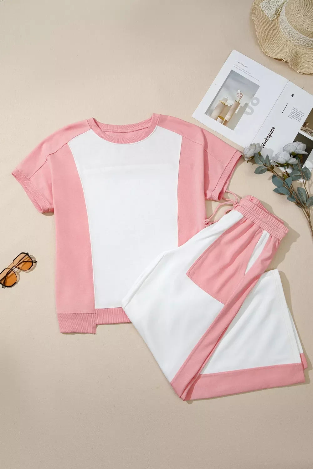 Two-tone Color Block Patchwork Tee Drawstring Loose Pant Set