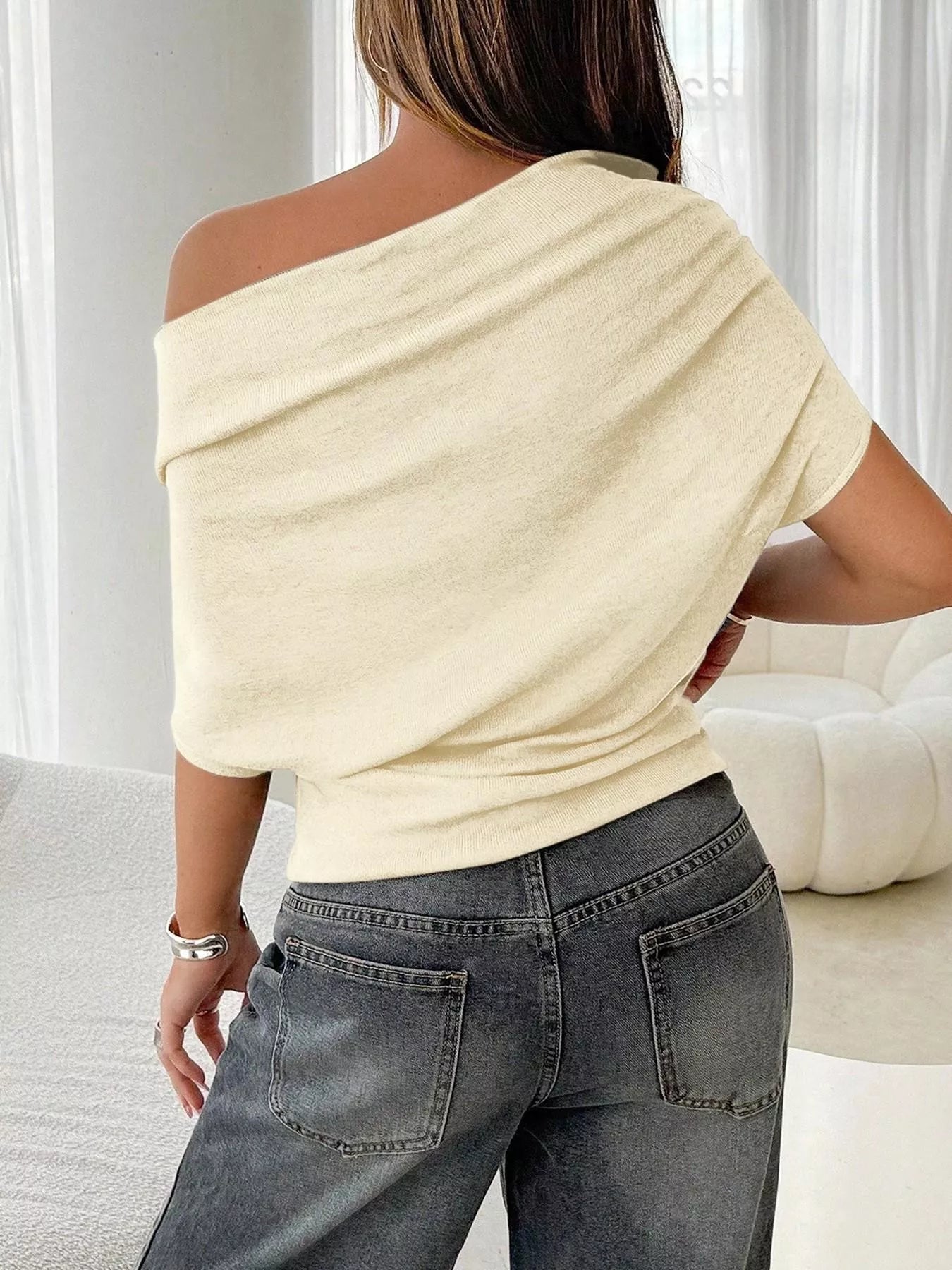 Off-Shoulder Ruched Knit T-Shirt