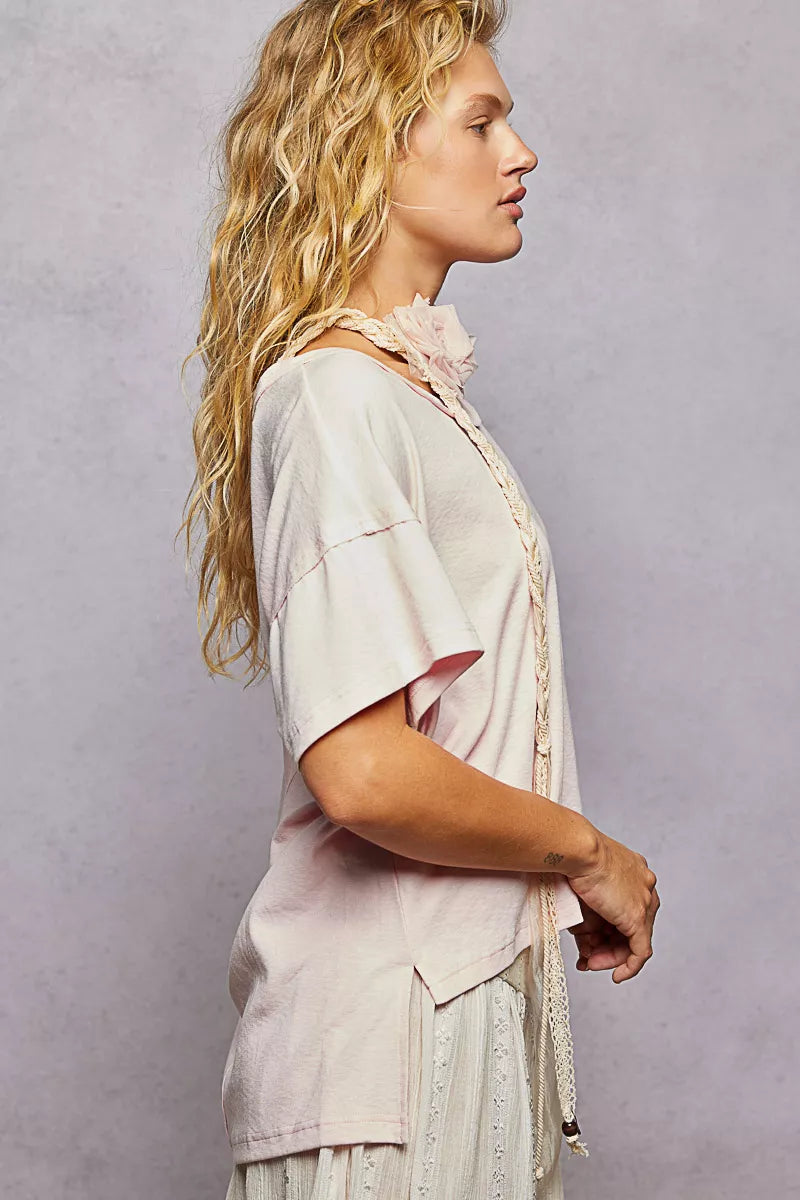 POL Round Neck Short Sleeve T-Shirt with High Low Hem