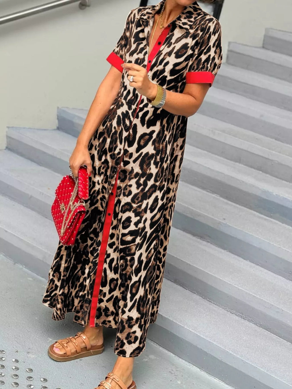 Leopard Print Button-Down Dress with Contrast Trim