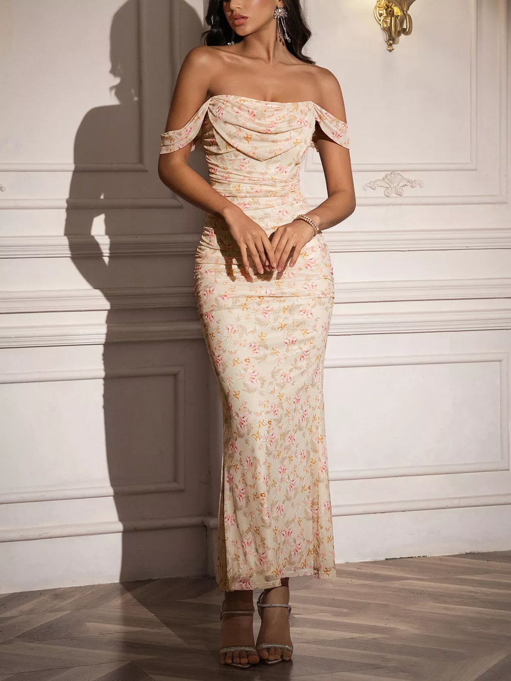 Off-Shoulder Ruched Floral Mermaid Dress