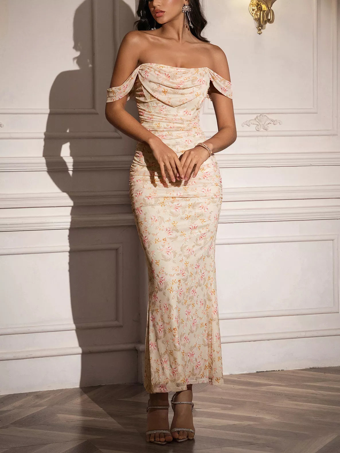 Off-Shoulder Ruched Floral Mermaid Dress