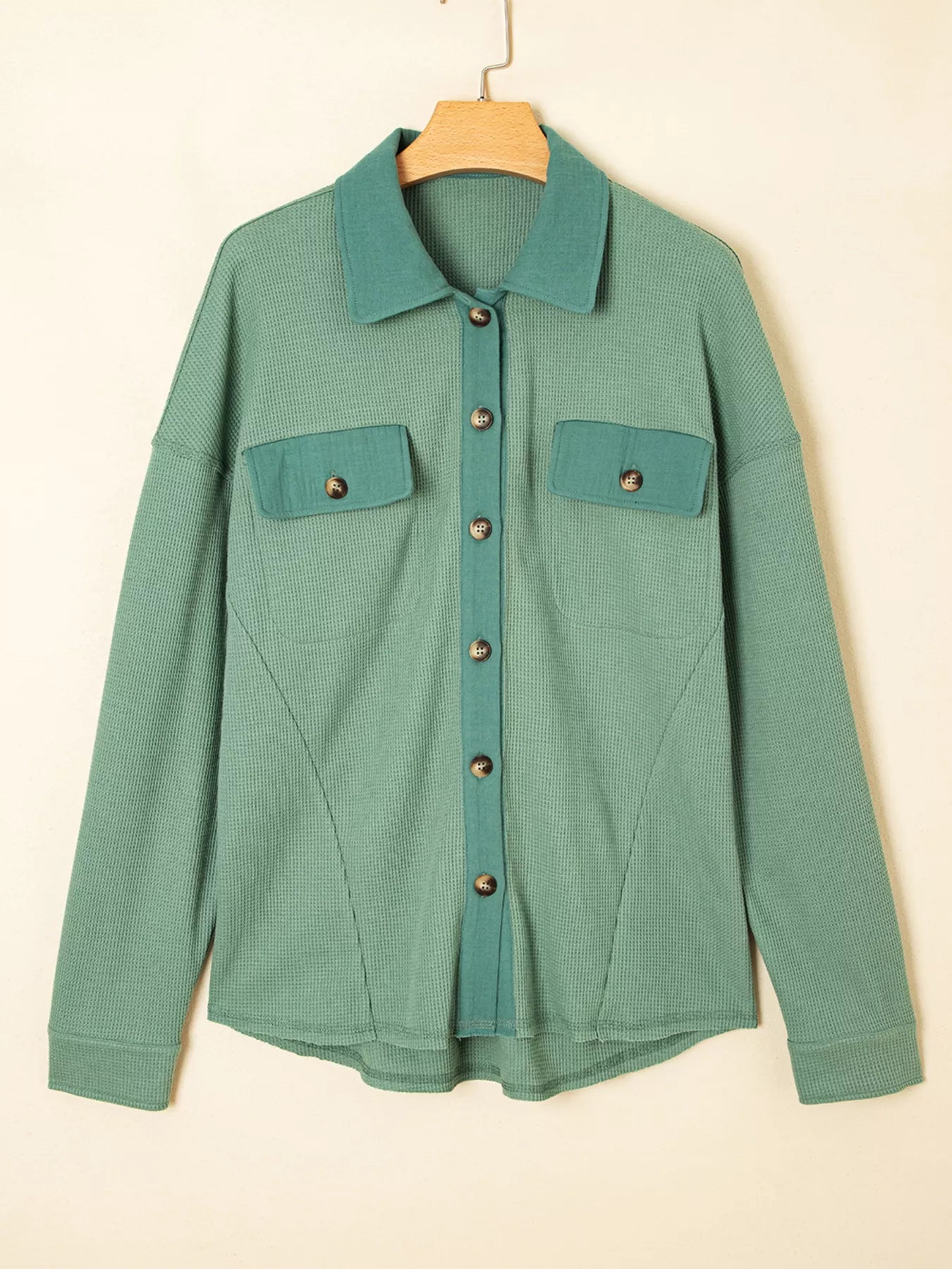 Waffle Knit Vintage Patchwork Button Up Loose Shirt