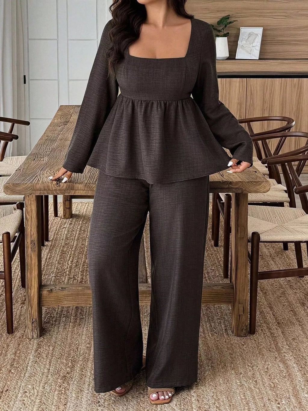 Plus Size Square Neck Long Sleeve Top and Pants Two-Piece Set