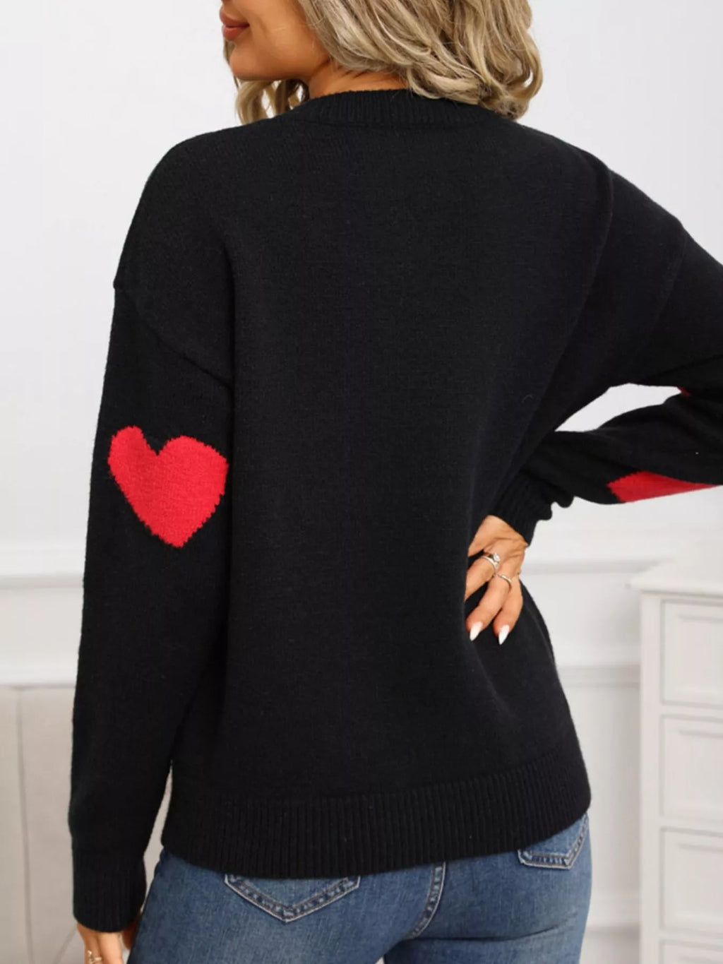 Valentine's Day Heart Pattern Round Neck Sweater