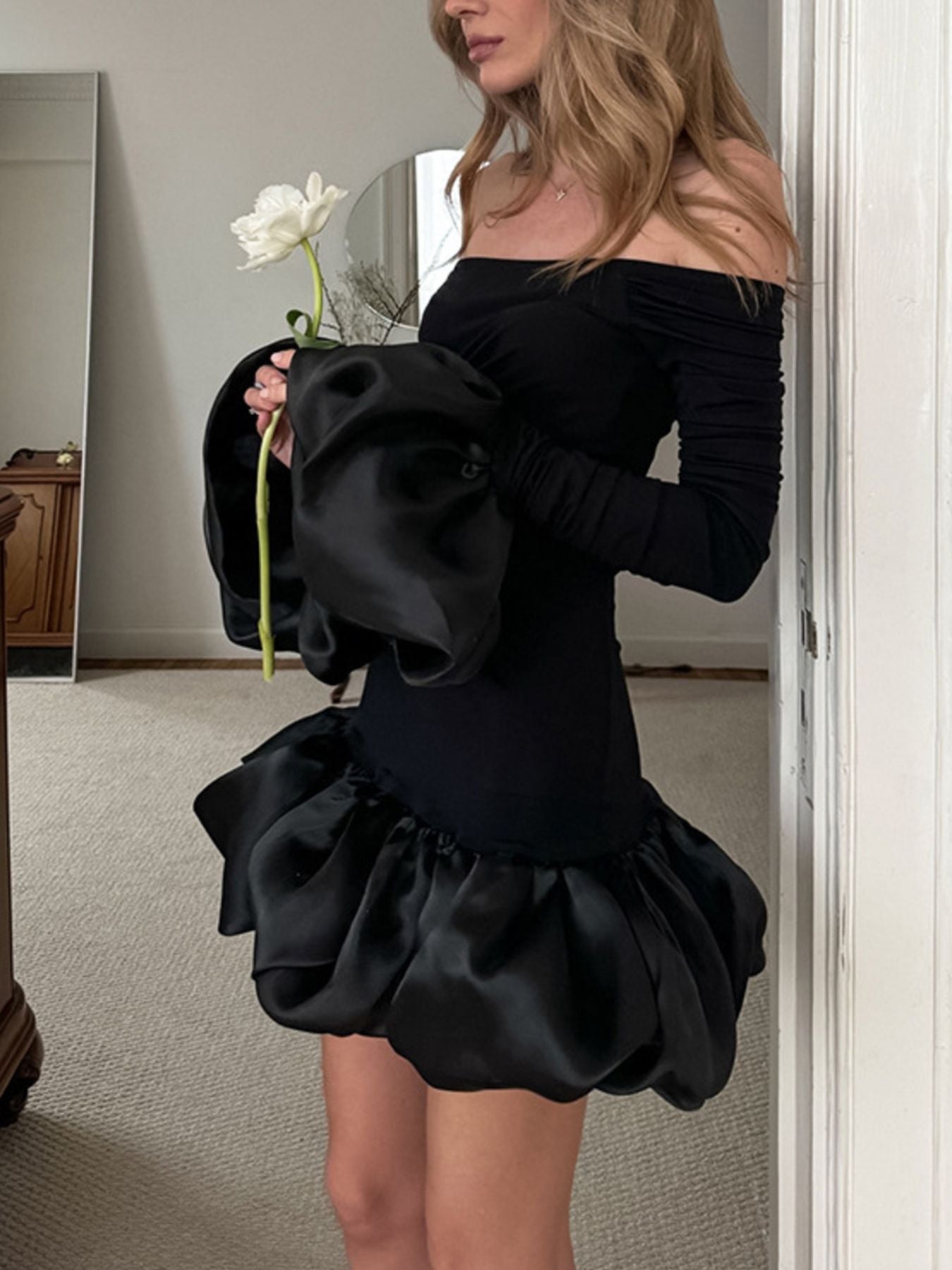 Off-Shoulder Ruffle Hem Mini Dress