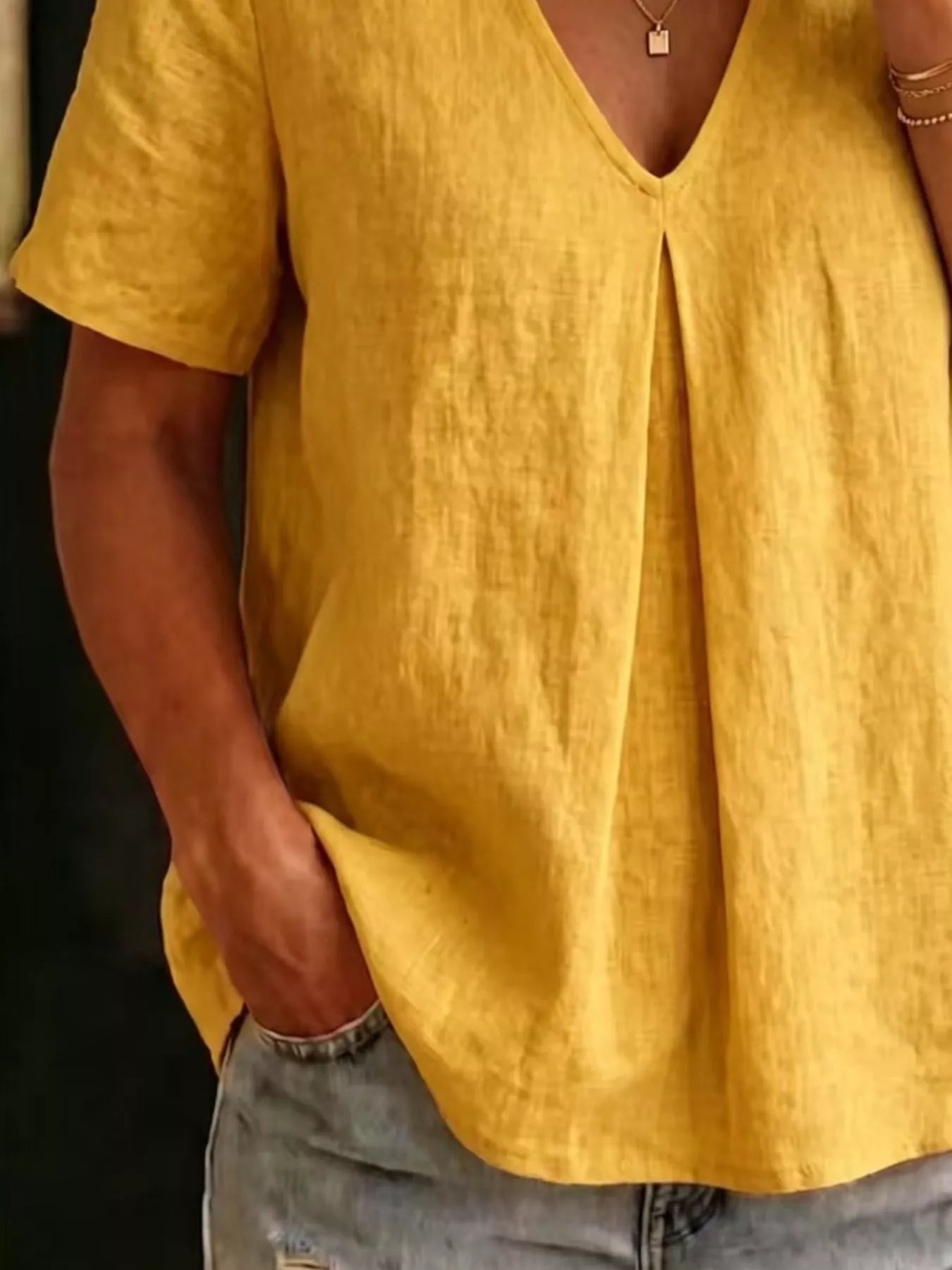 Full Size V-Neck Pleated Short Sleeve Blouse Plus Size