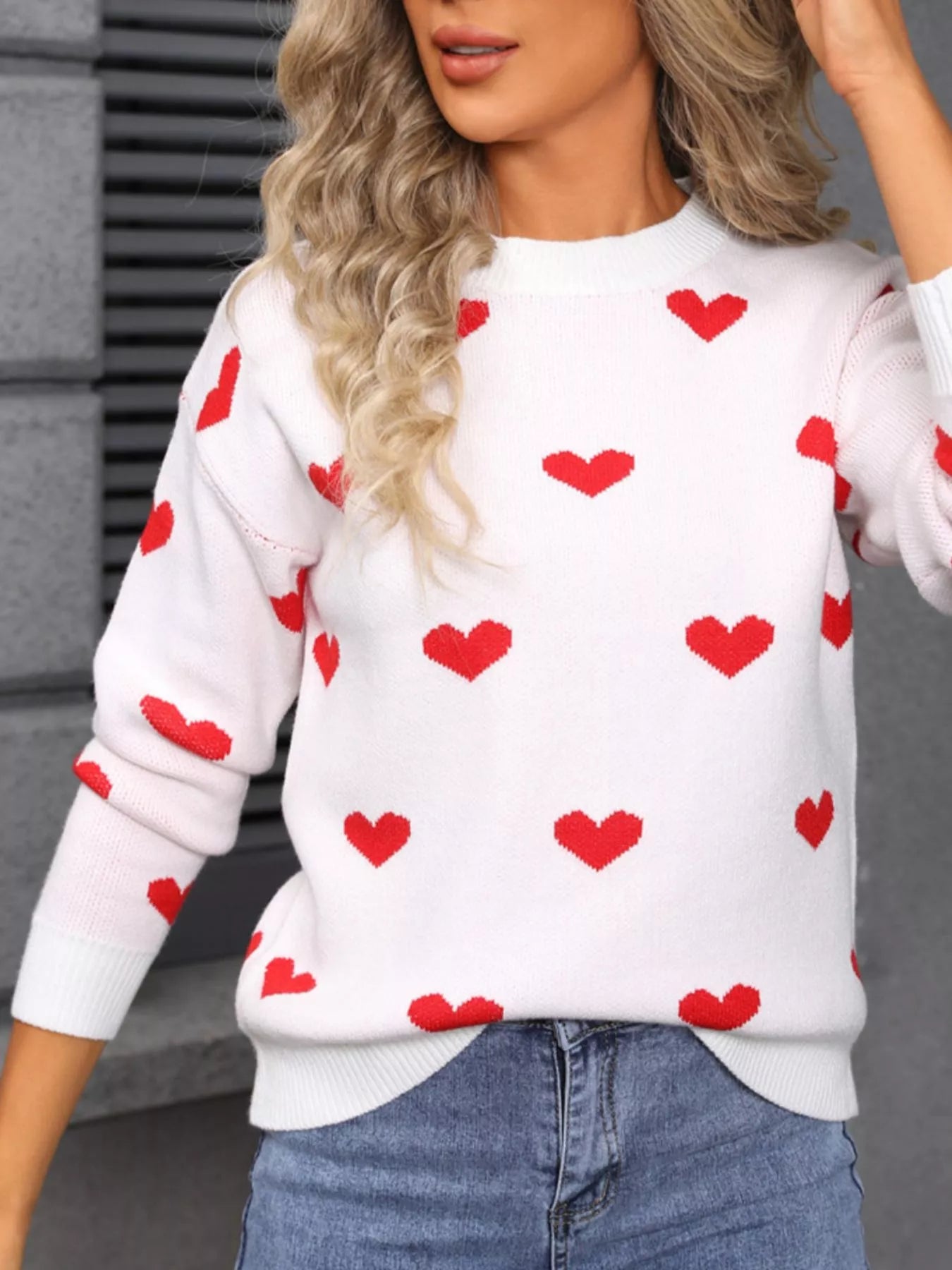Valentine's Day Heart Pattern Dropped Shoulder Sweater
