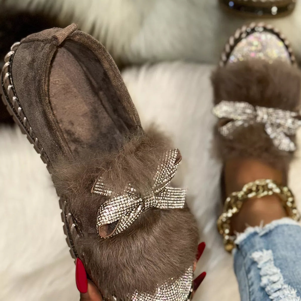 Fuzzy Bowknot Rhinestone Platform Loafers