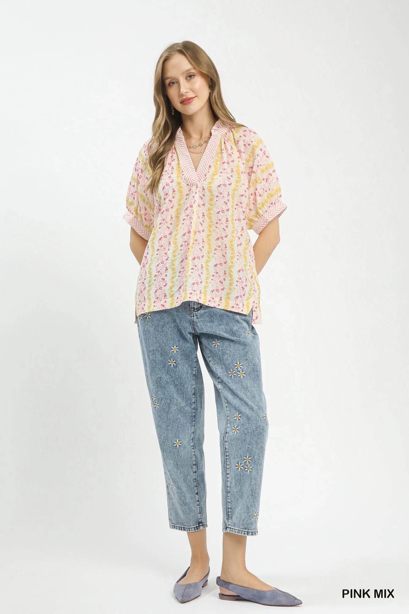 Umgee Mix Print Boho Blouse with Contrast Trim