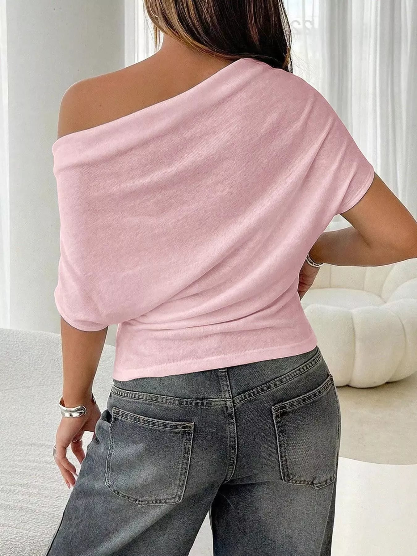 Off-Shoulder Ruched Knit T-Shirt