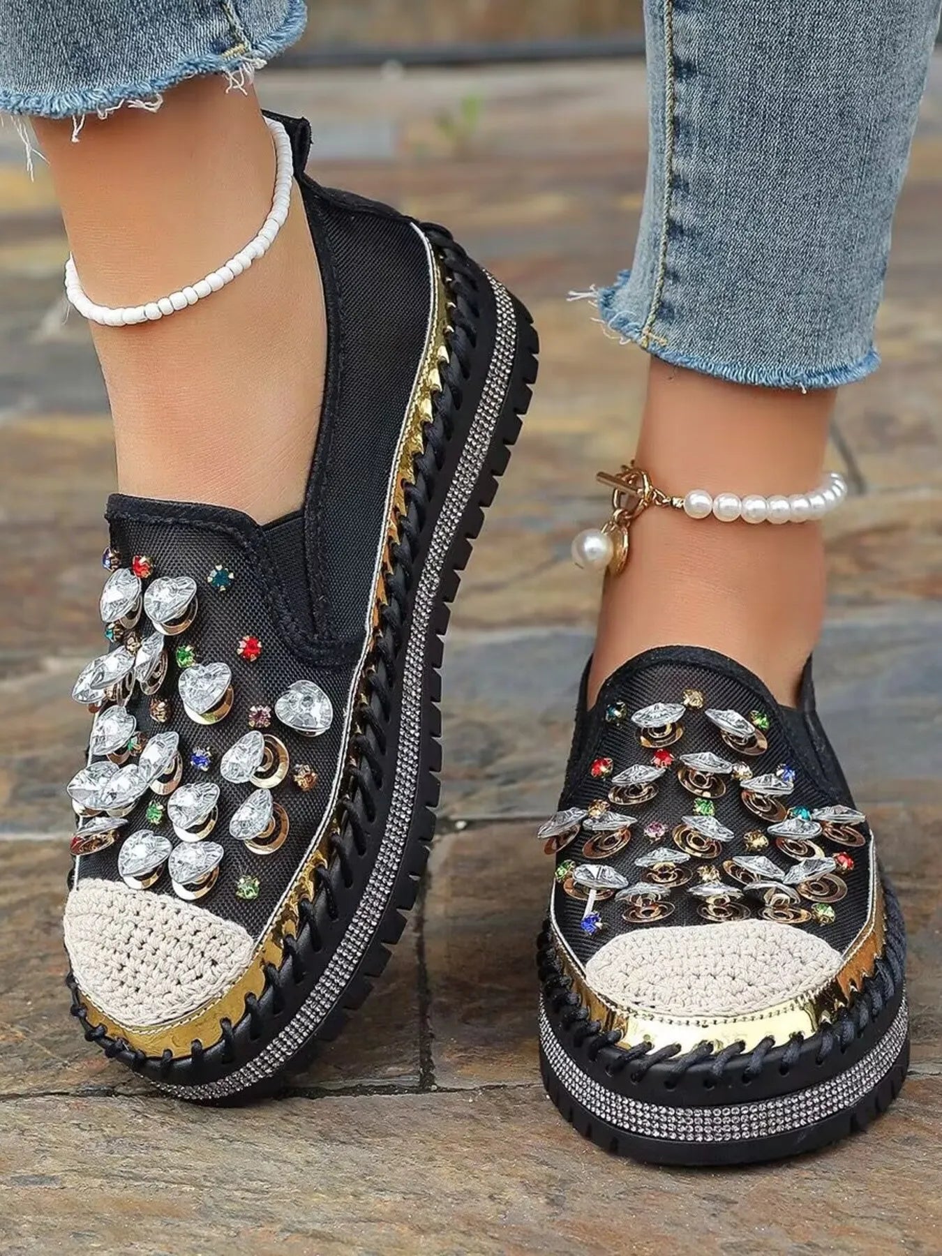 Rhinestone Round Toe Platform Loafers