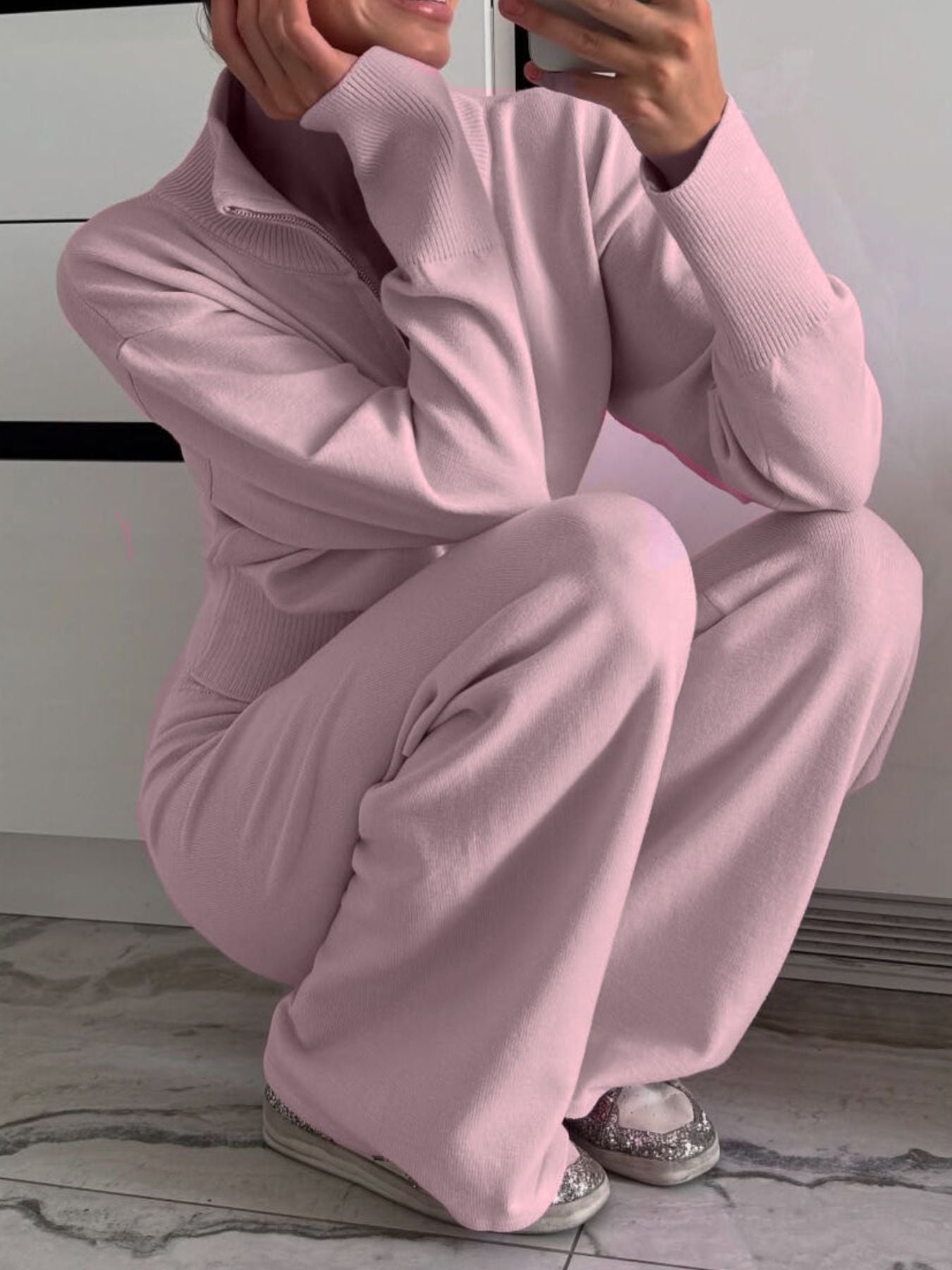 Zip Up Outerwear and Wide Leg Pants Set