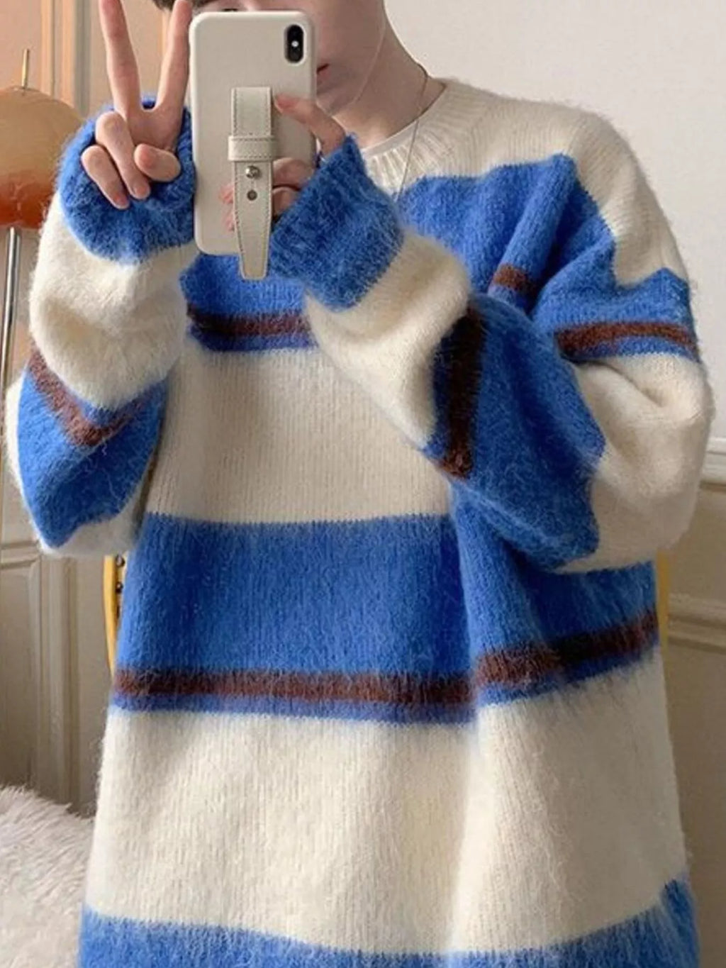 Men's Striped Fuzzy Knit Pullover Sweater