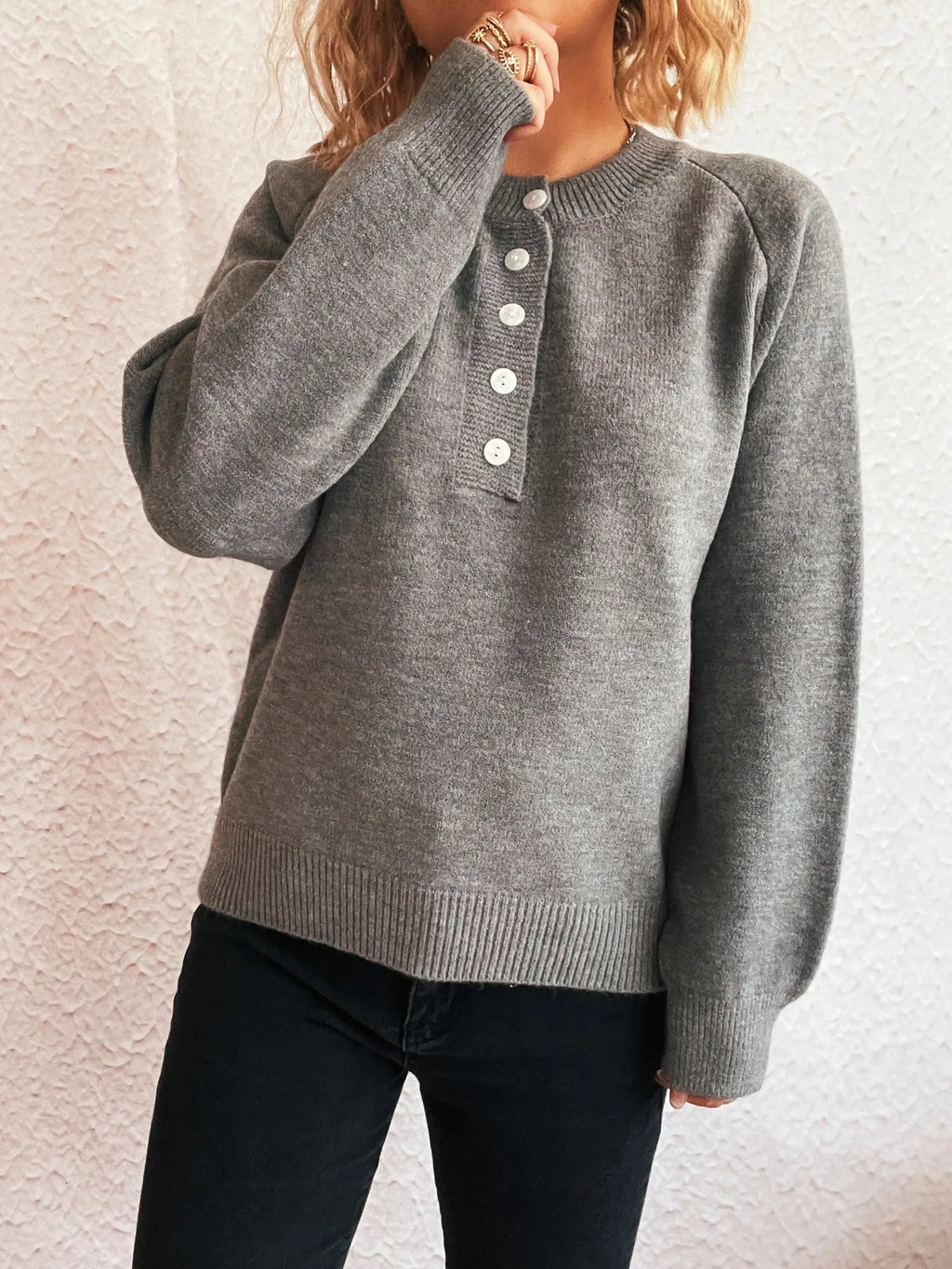 Button-Front Long Sleeve Sweater