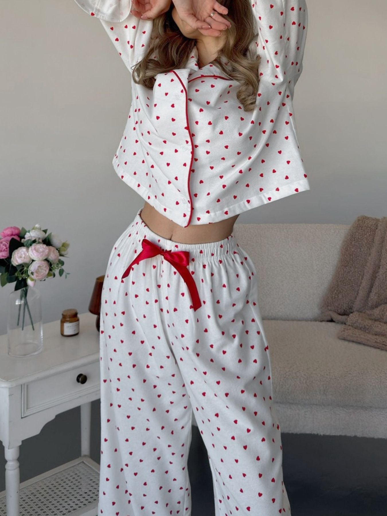 Heart Print Long Sleeve Top and Pants Lounge Set