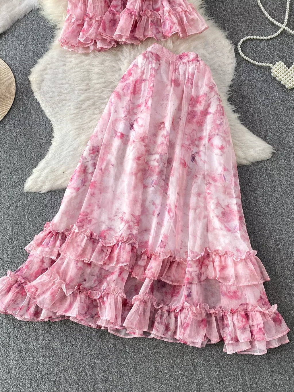 Floral Print Ruffle Hem Blouse and Skirt Set