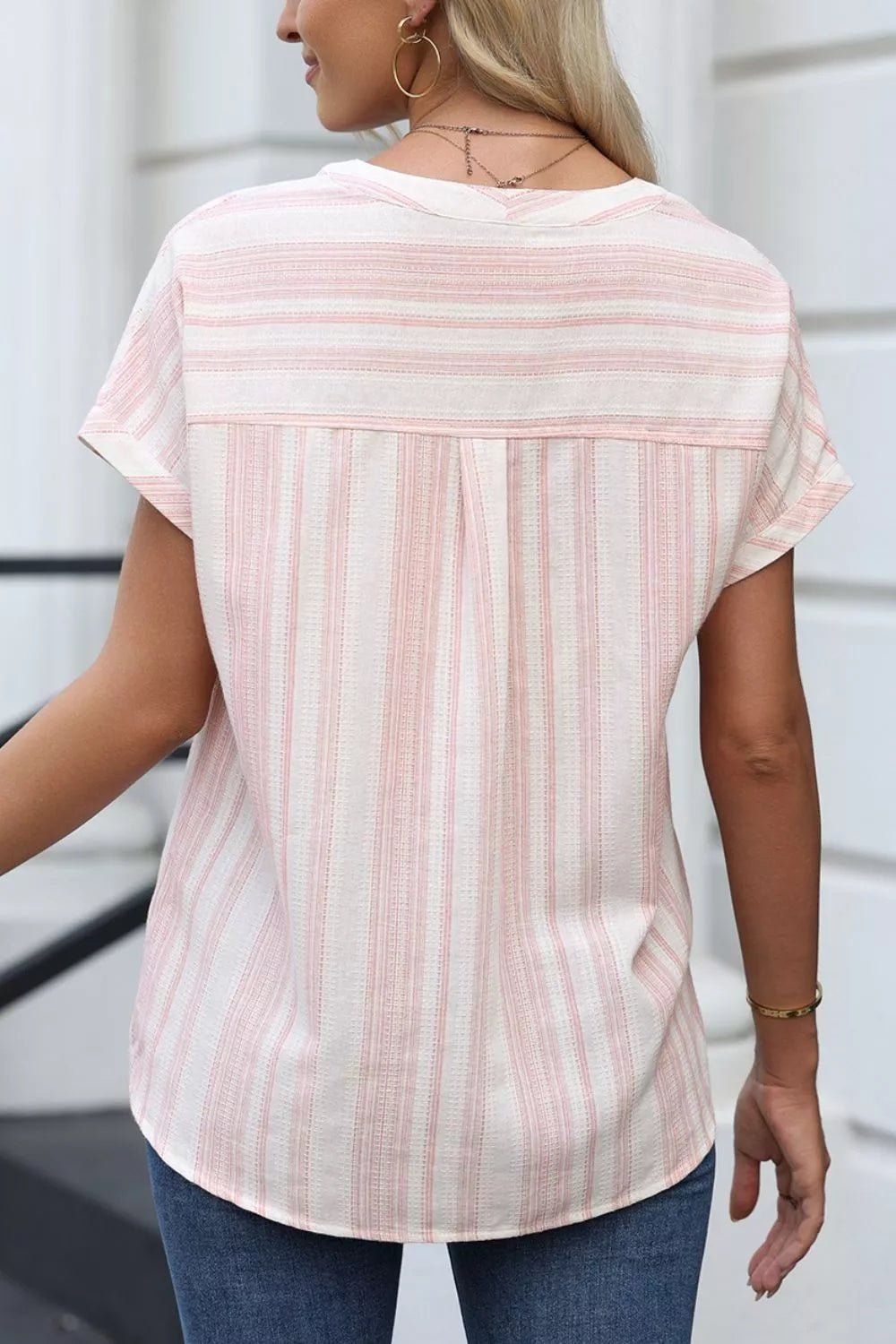 Striped Button Detail Short Sleeve Blouse