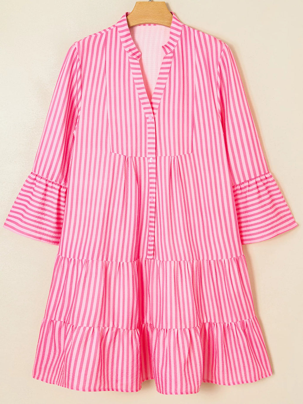 Stripe Flare Sleeve Half Placket Tiered Flowy Mini Dress