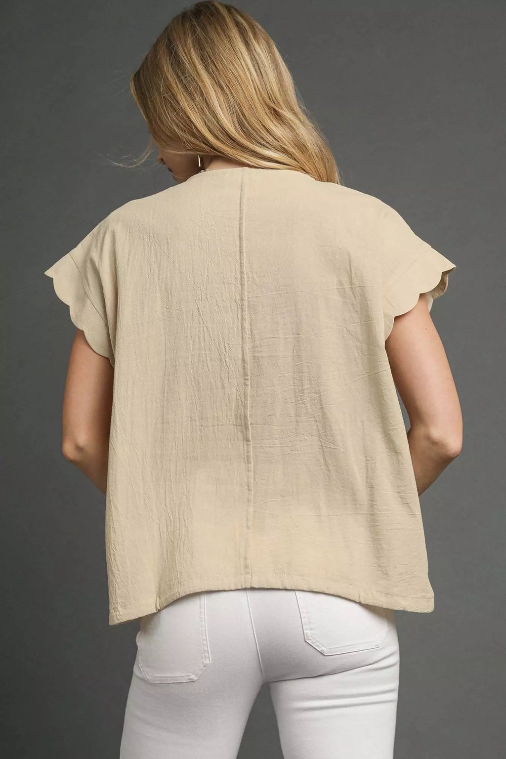 Umgee Embroidered Scallop Sleeve Top with Drawstring Hem