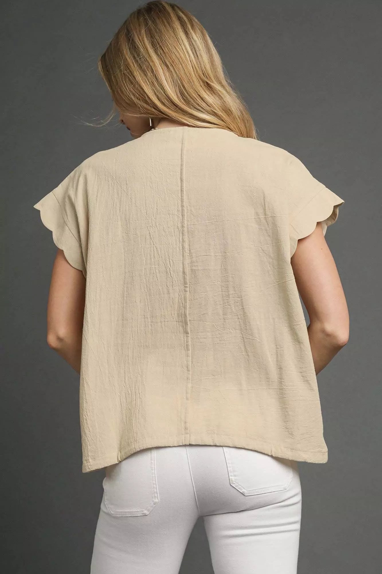 Umgee Embroidered Scallop Sleeve Top with Drawstring Hem