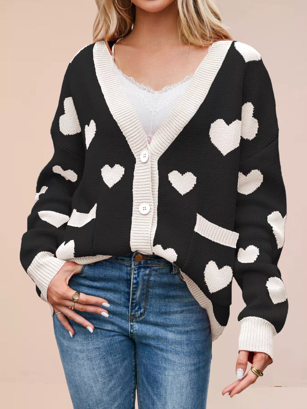 Heart Pattern Button-Up Knit Cardigan