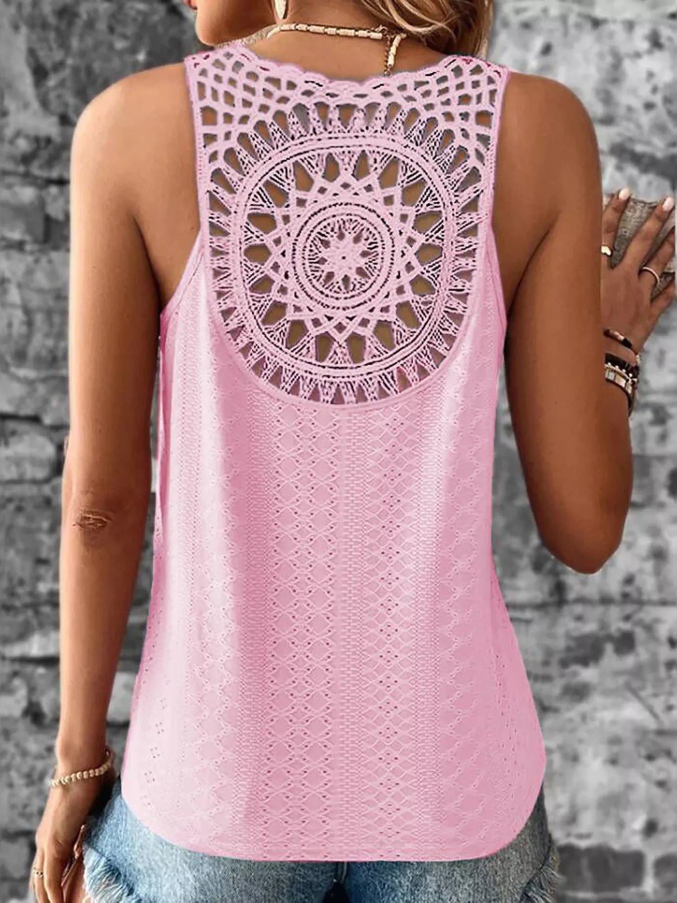 Eyelet Lace Trim V-Neck Tank Top