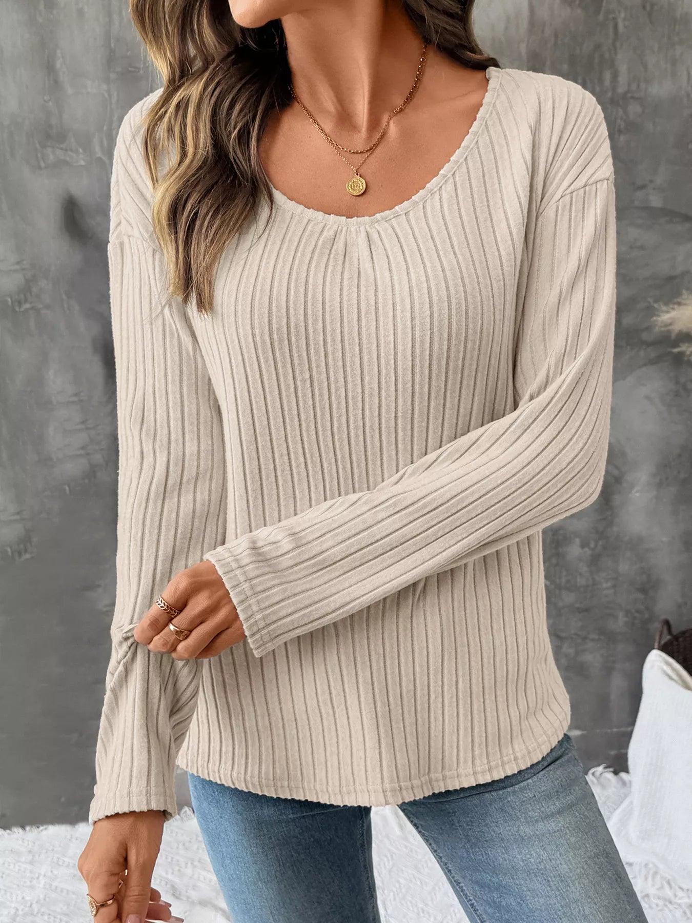 Lace Detail Ribbed Knit Long Sleeve T-Shirt
