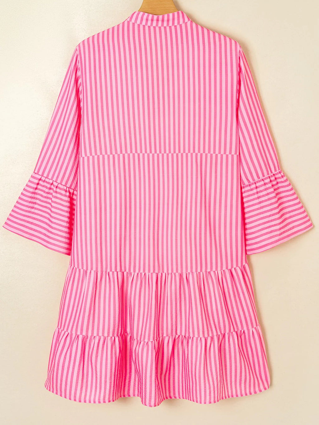 Stripe Flare Sleeve Half Placket Tiered Flowy Mini Dress