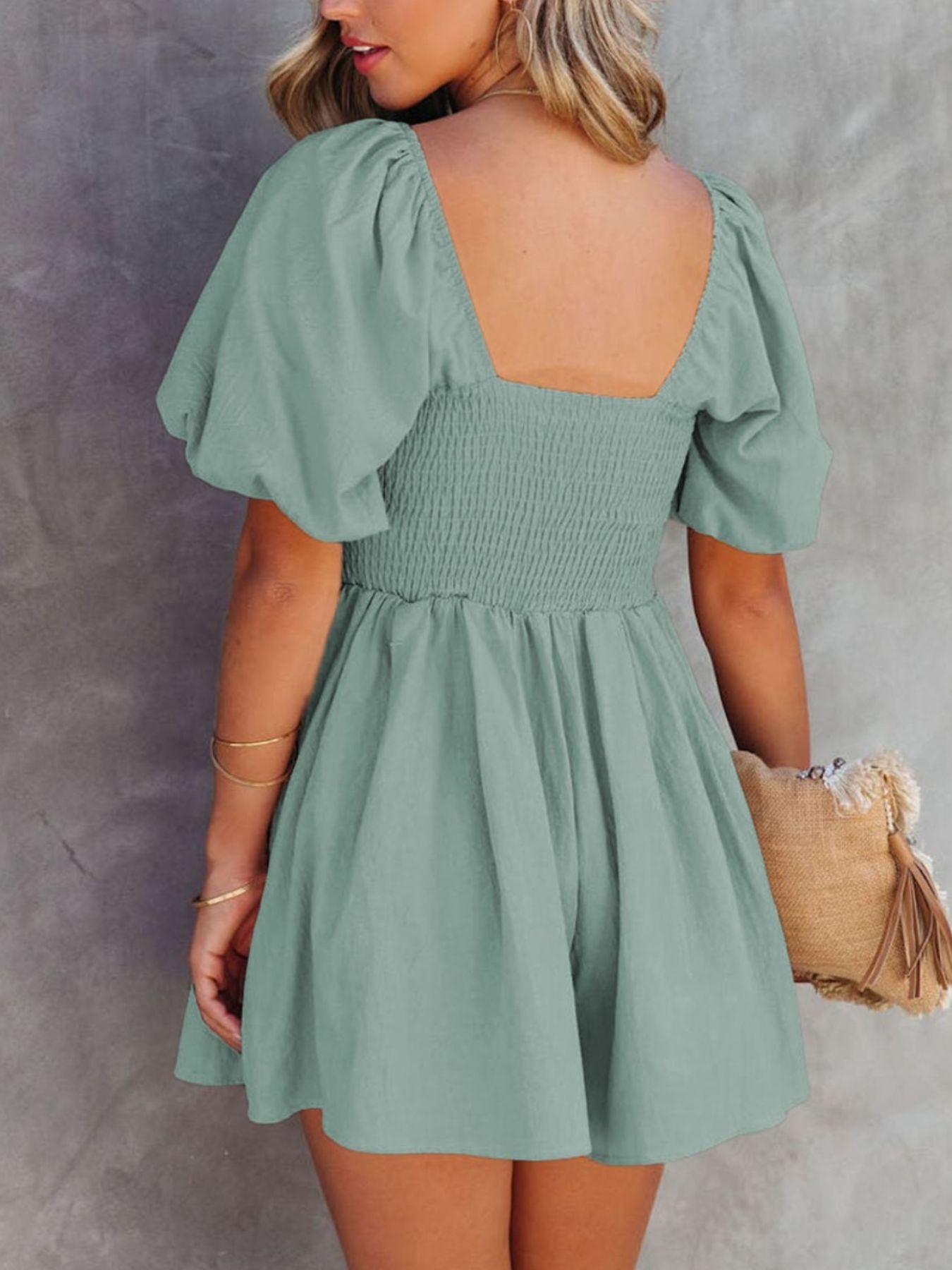 Square Neck Ruched Puff Sleeve Romper