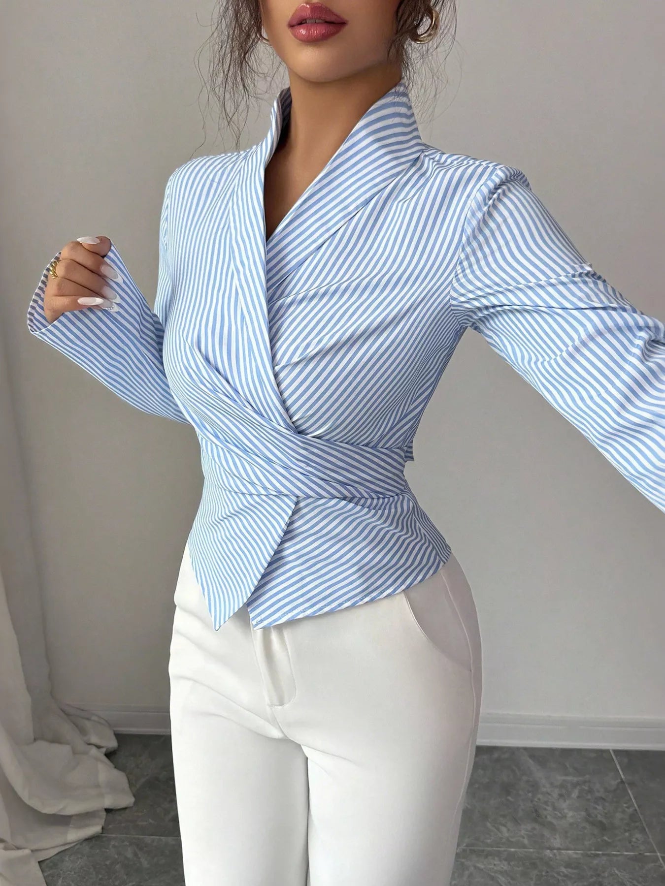 Striped Long Sleeve Wrap Blouse