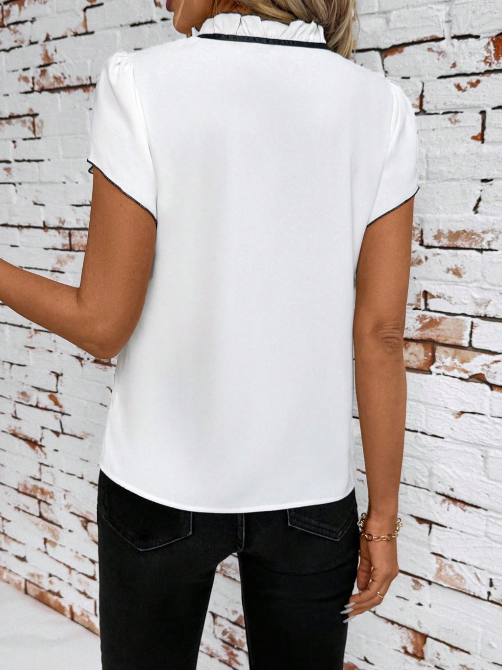 Tie Neck Short Sleeve Blouse