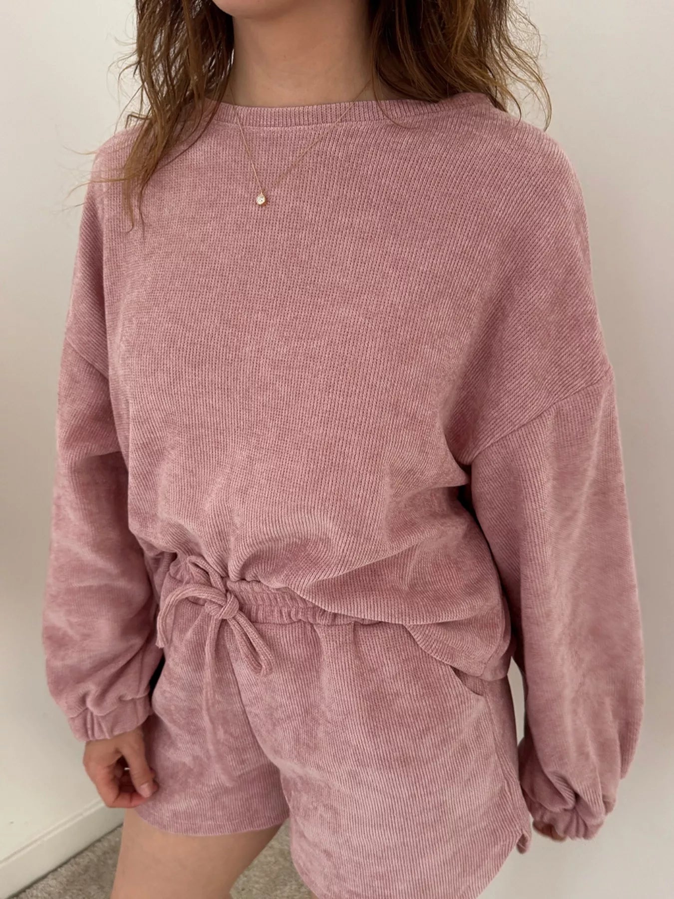 Round Neck Dropped Shoulder Top and Drawstring Shorts Set