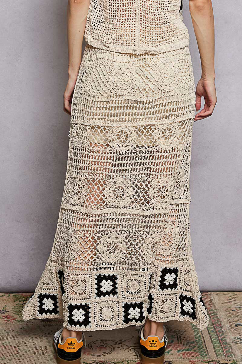 POL Floral Crochet Ruffled Waistband Maxi Skirt with Granny Square Weave
