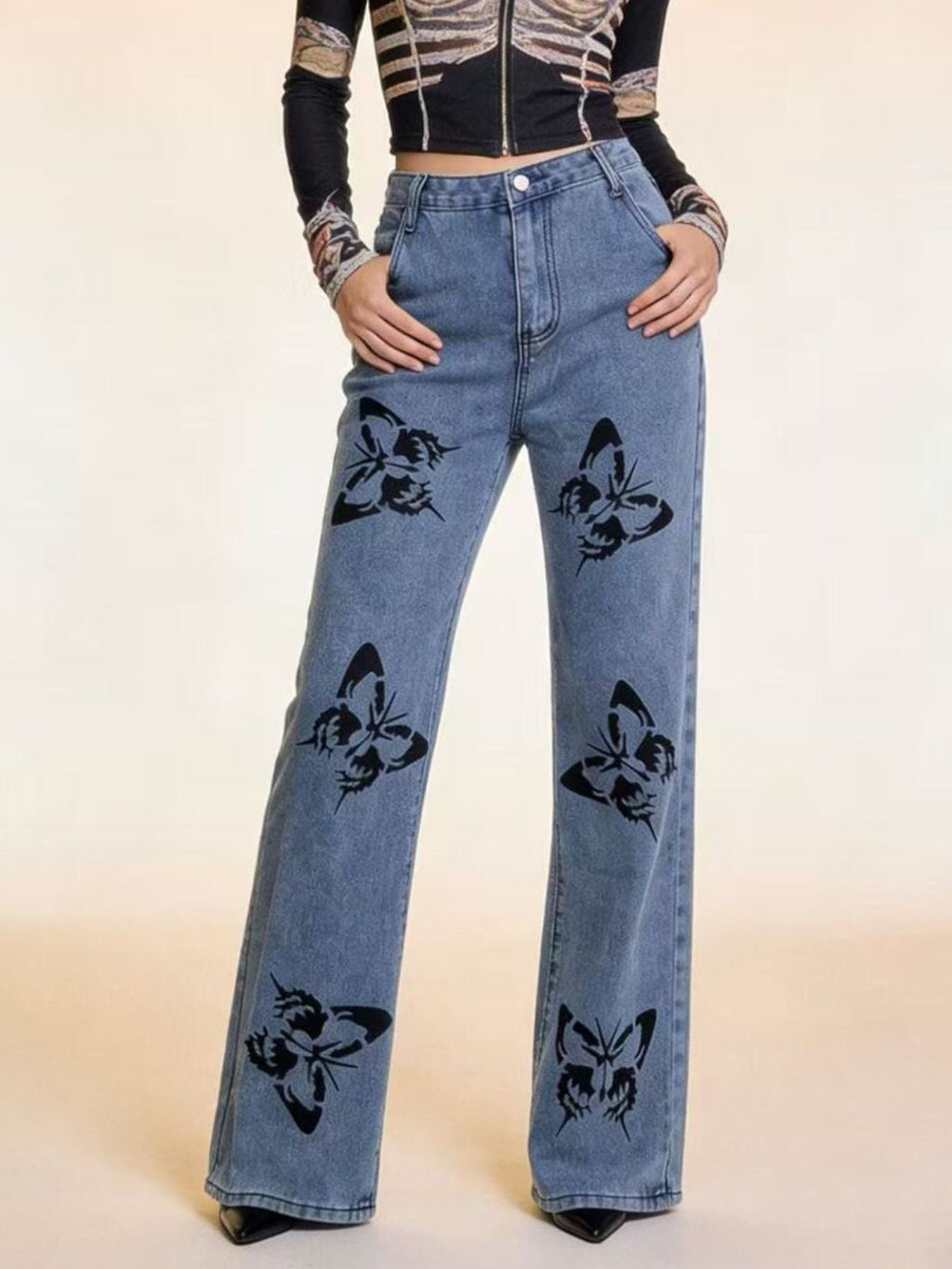 Butterfly Print High-Waisted Wide Leg Jeans