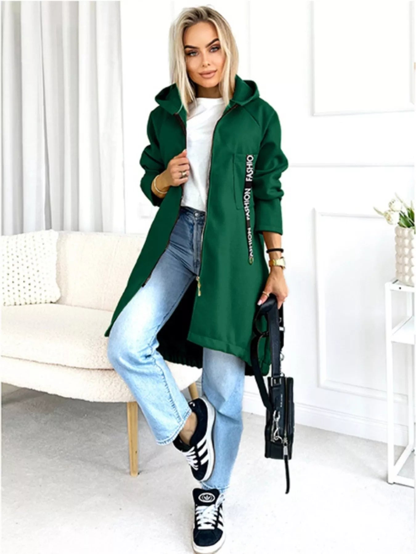 Full Size Zip Up Longline Hooded Outerwear Plus Size