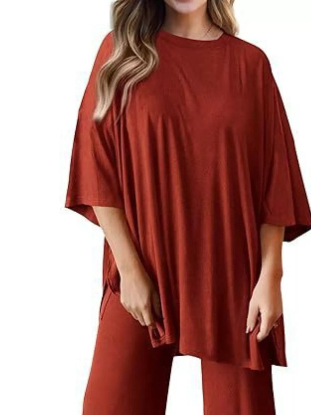 Slit Round Neck Top and Pants Set