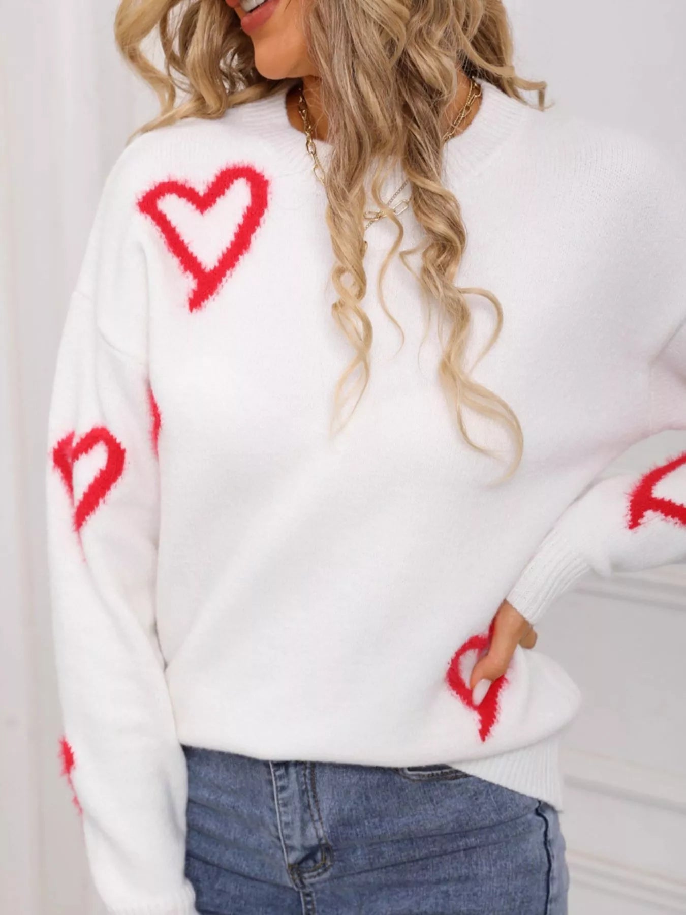 Valentine's Day Heart Print Crew Neck Sweater