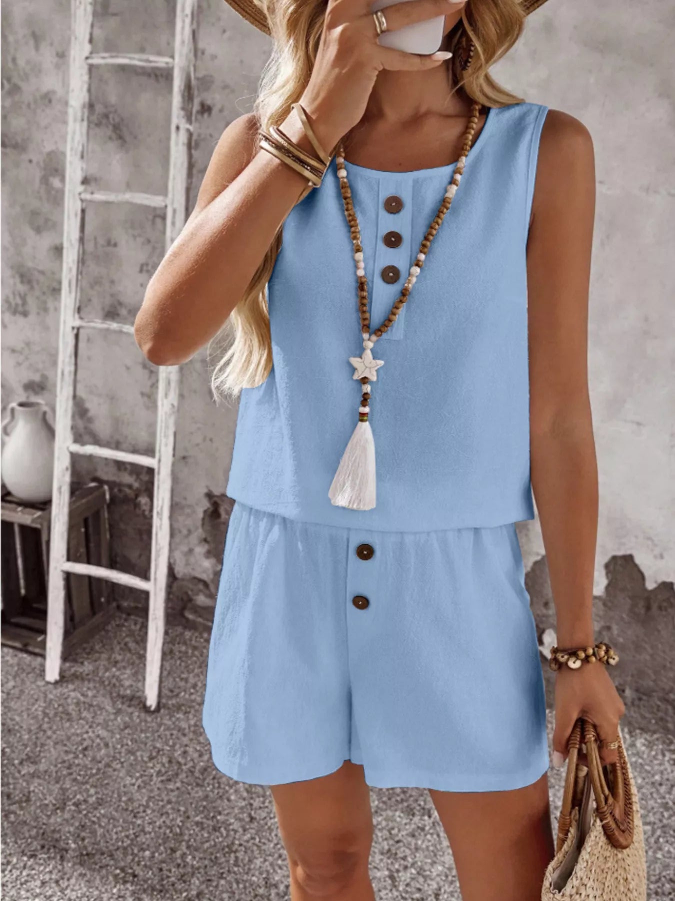 Decor Button Round Neck Tank and Shorts Set