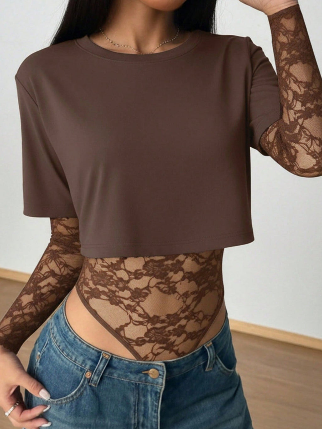 Lace Patchwork Round Neck Bodysuit