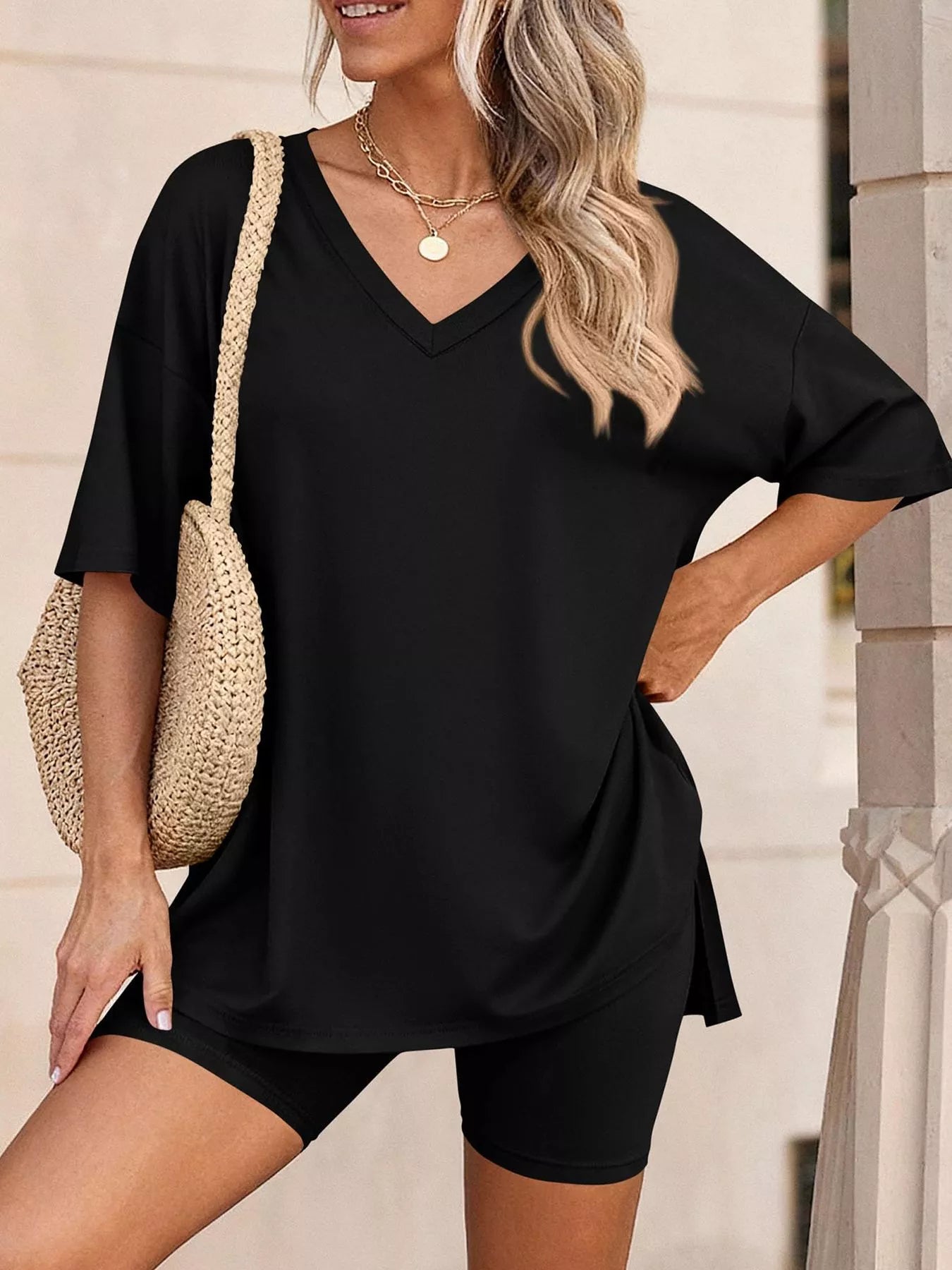 Full Size Casual Loose V-Neck T-Shirt & Shorts Set Plus Size