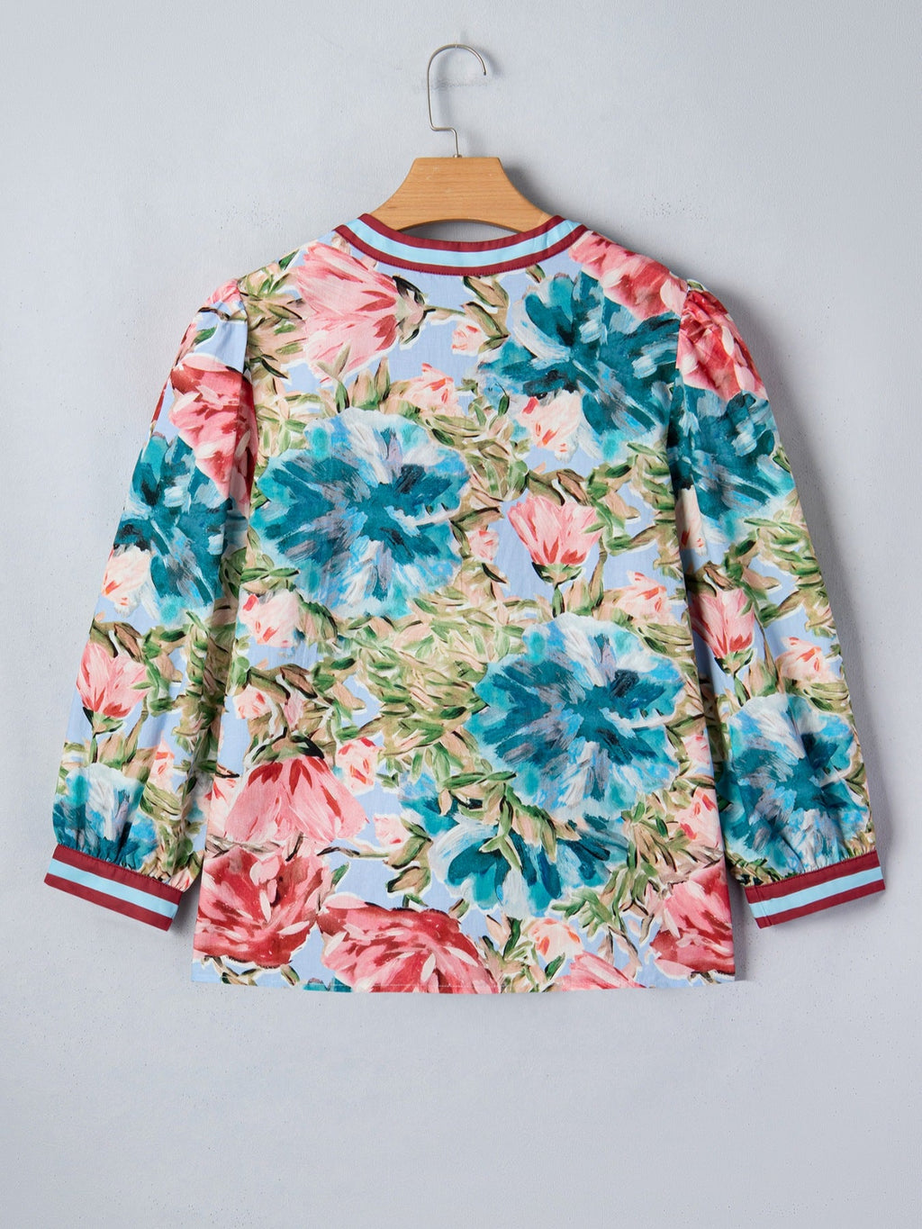 Contrast Trim V Neck Cuffed Bracelet Sleeve Floral Blouse