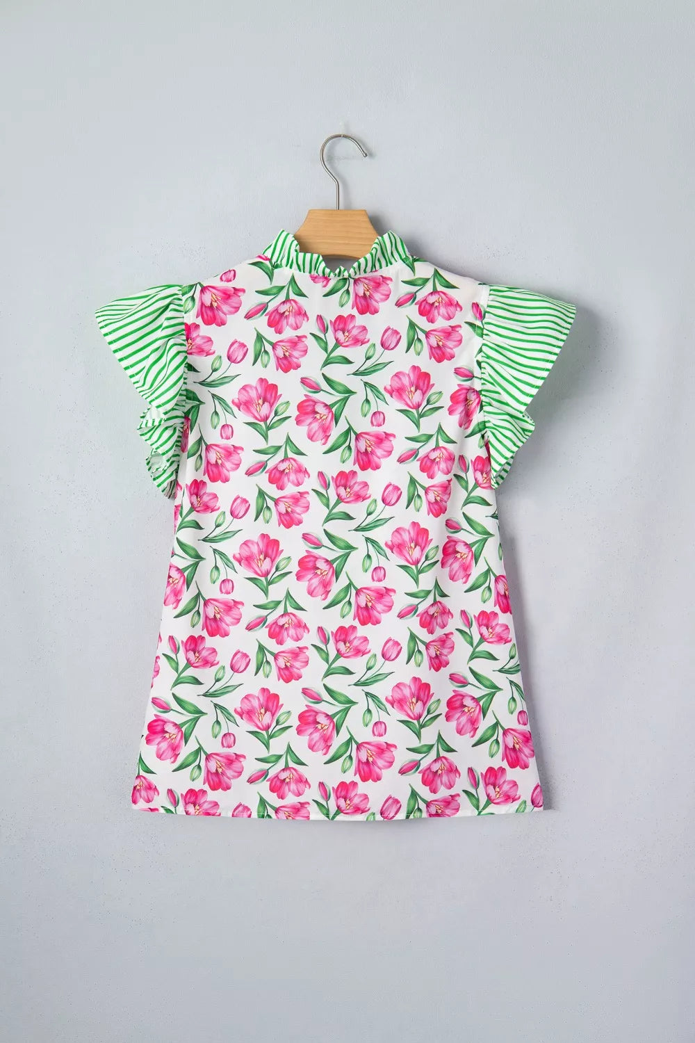 Floral Print Striped Ruffle Trim V Neck Blouse