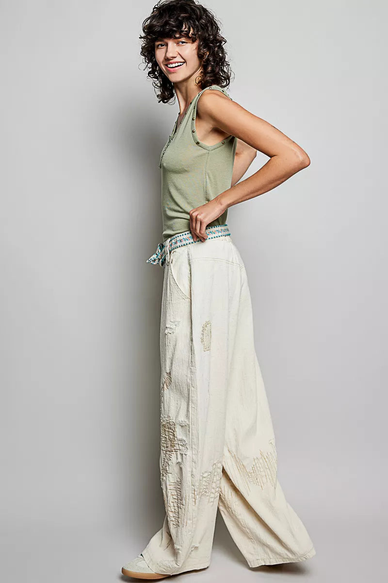POL Studded Trim Button-Front Ruffle Detail Tank