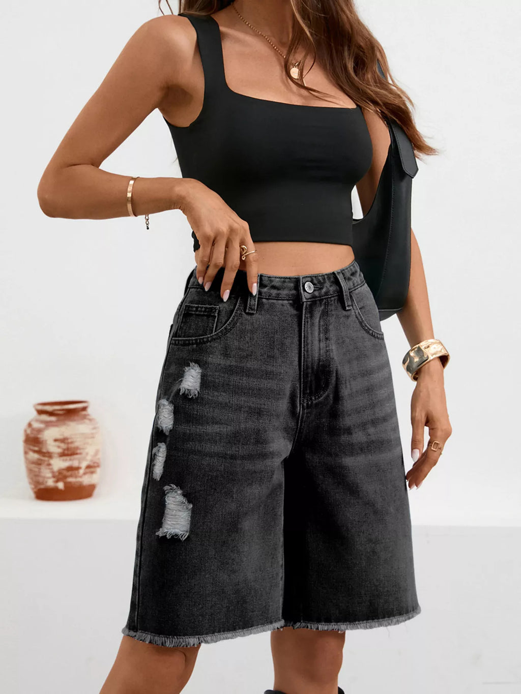 Ripped Frayed Hem Denim Shorts