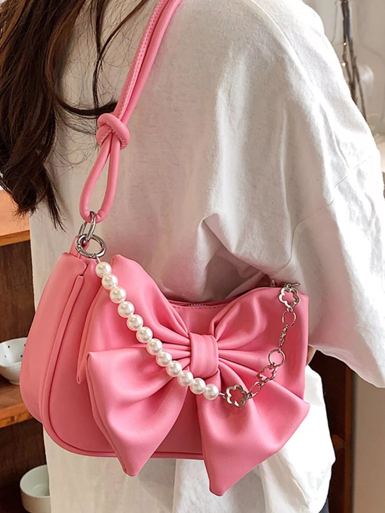 Bowknot Pearl Chain Shoulder Bag